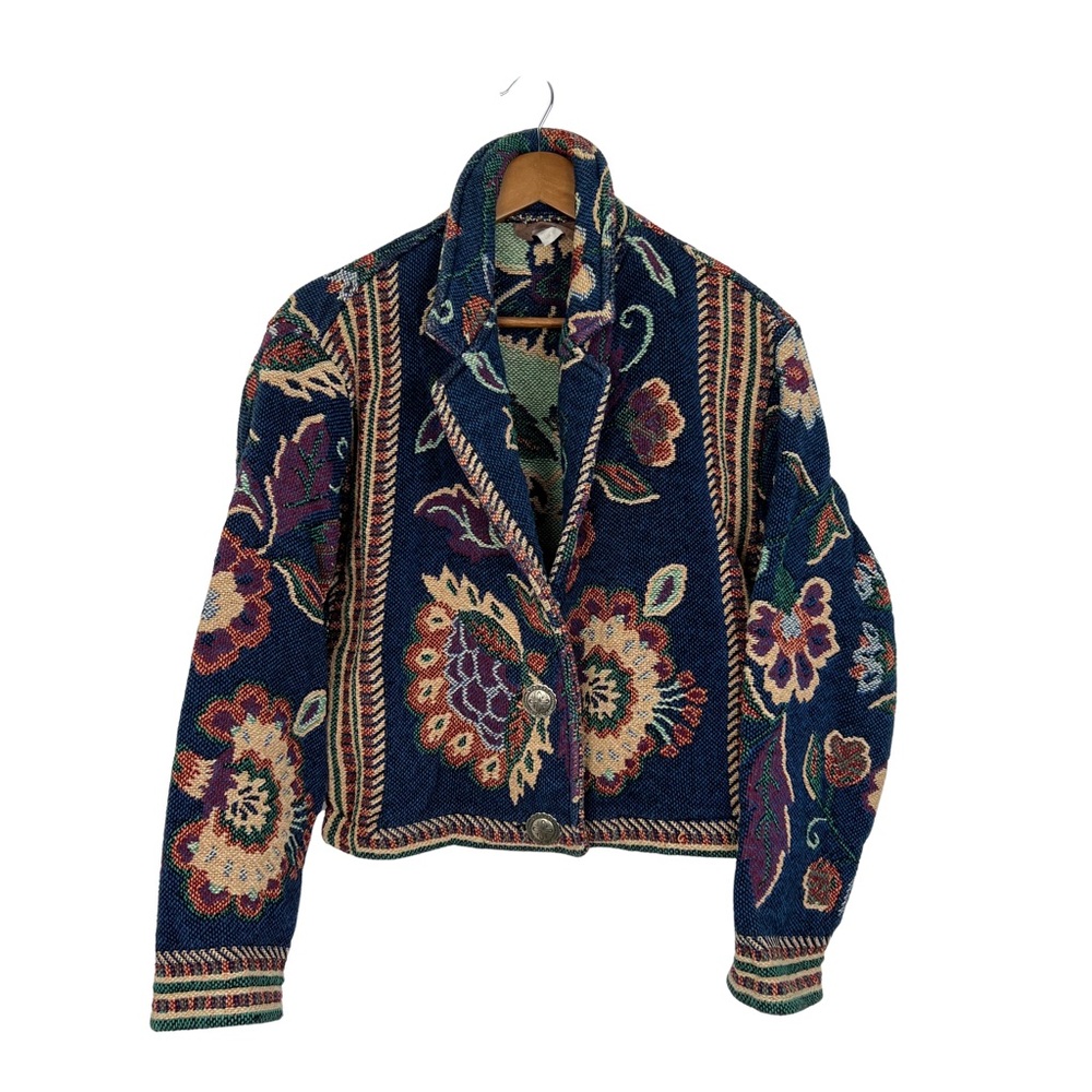 Vintage Painted Pony Navy Floral Tapestry Jacket Western Texas 90s Cotton OS